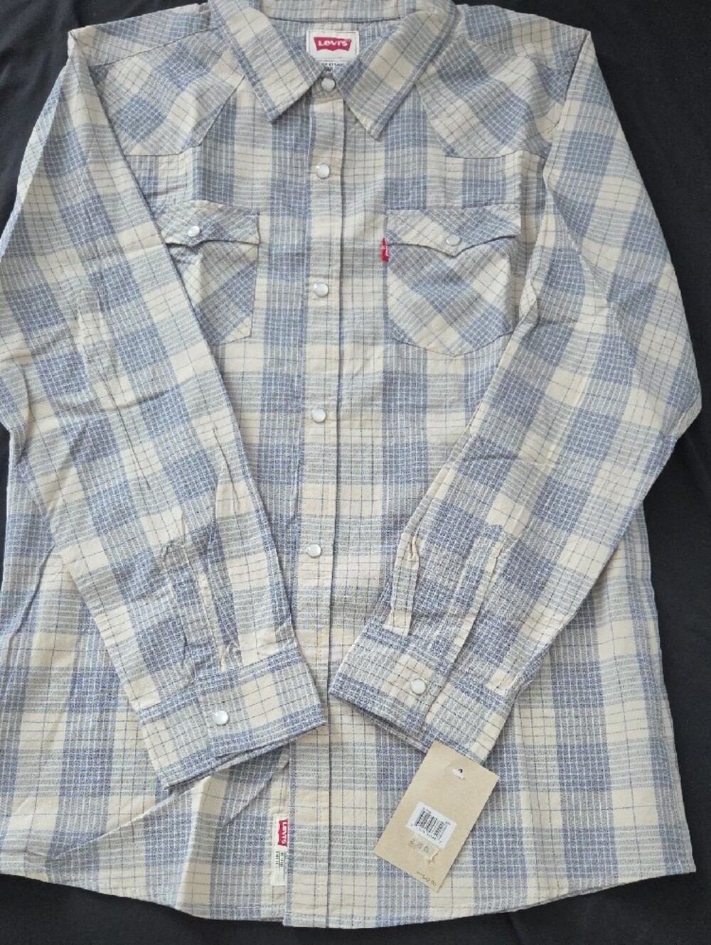 Levi's Women's Cream and Blue Plaid Snap-Down Shirt - Picture 3 of 7
